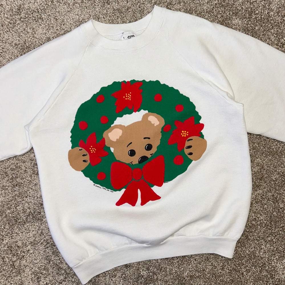 Vintage 80's Christmas Crewneck Sweatshirt Size Large USA Made Bear Wreath